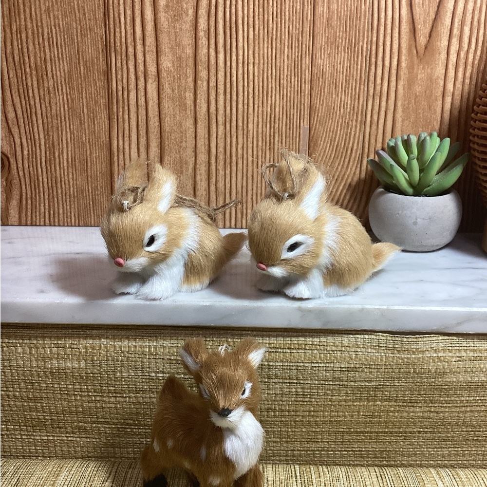 Lot of 3 Faux Fur Adorable Rabbit and Fawn Figurines